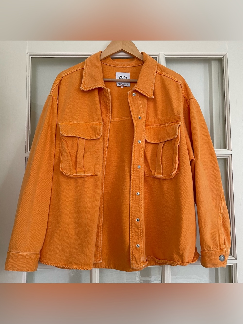Zara bright orange denim oversized shacket jacket 100% cotton women's small S